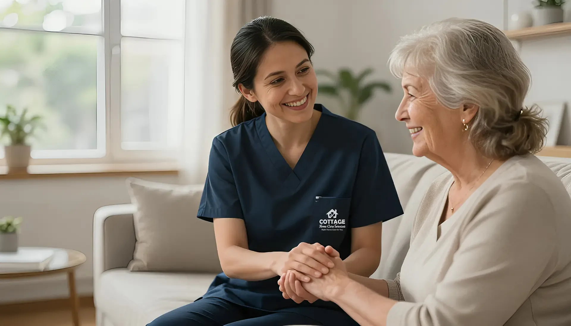 Compassionate caregiver supporting a senior at home